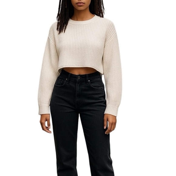 Zara cream cropped ribbed sweater, Small, long sleeves, knitted, Neutral - Picture 1 of 9